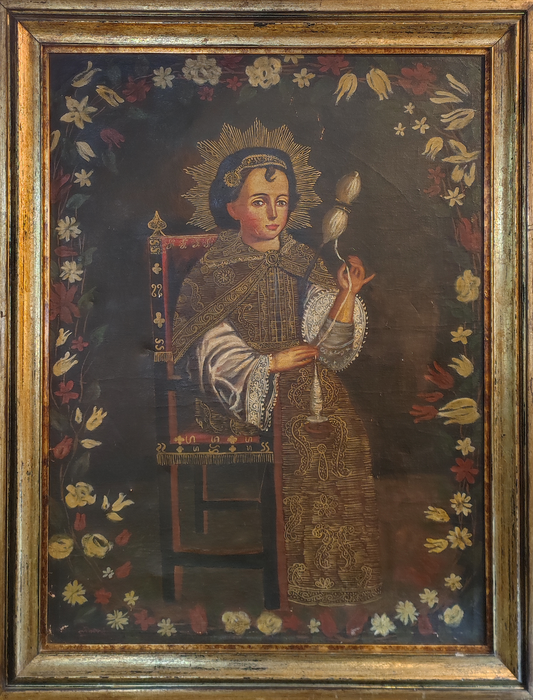 Virgen hilandera cuando niña - Arte colonial firmado (Rivera) (pintura)