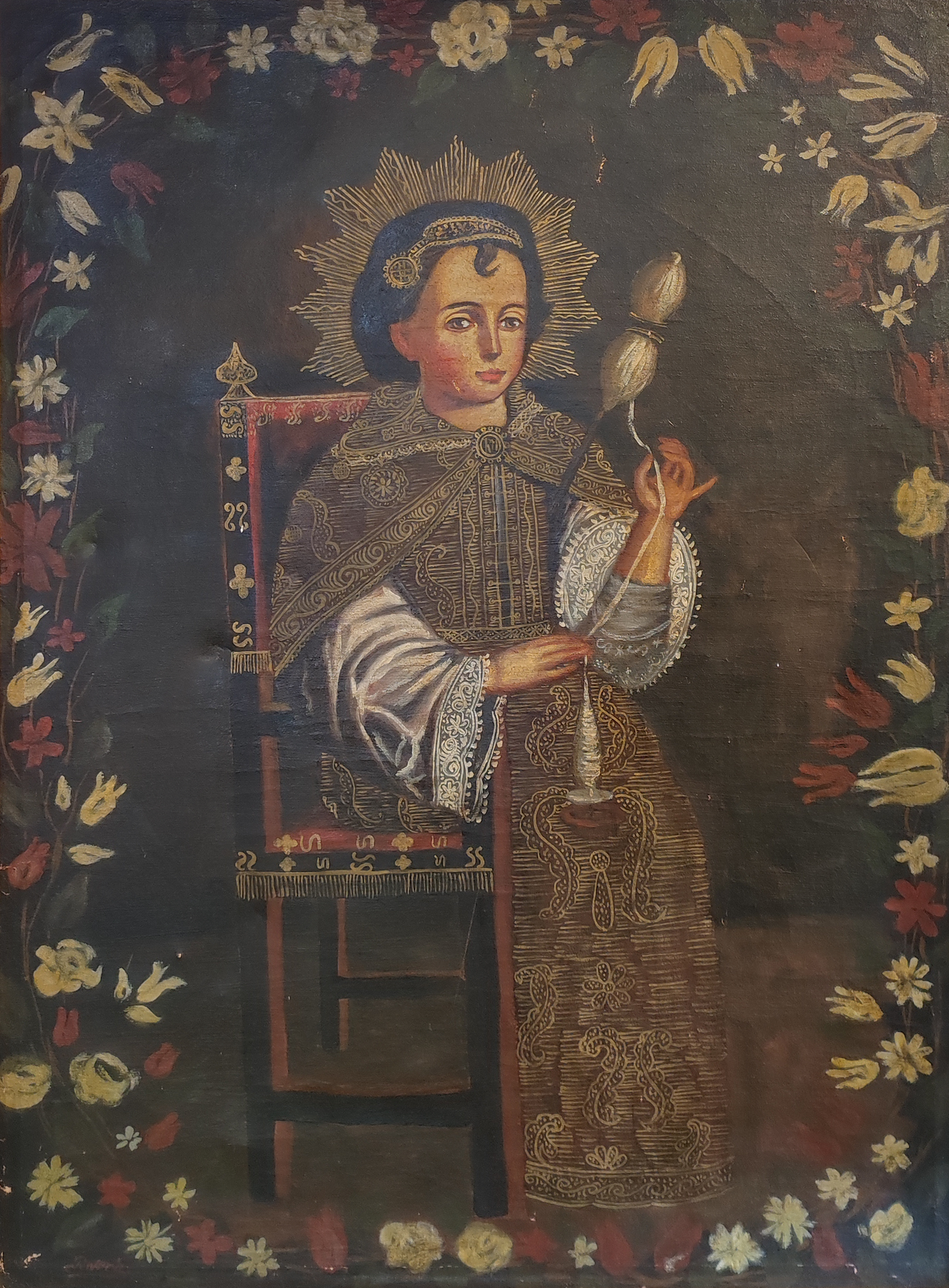 Virgen hilandera cuando niña - Arte colonial firmado (Rivera) (pintura)